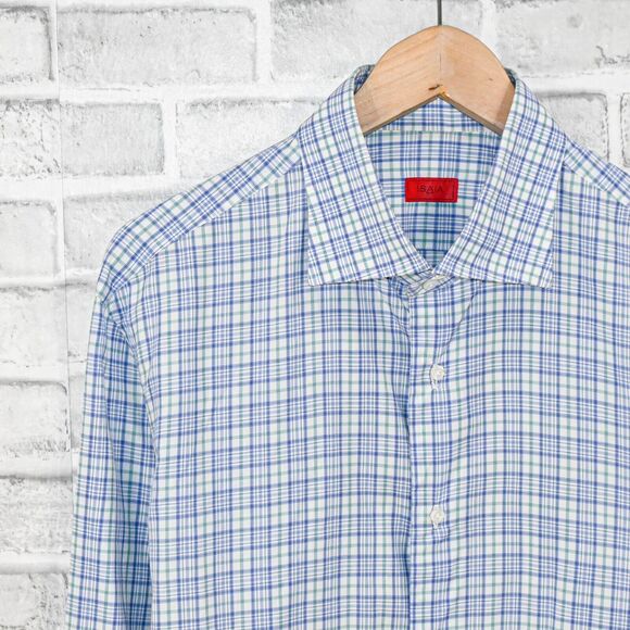 ISAIA Napoli Men's Button up Dress Shirt in Blue gren check cotton size 16 1/2 - Picture 7 of 8